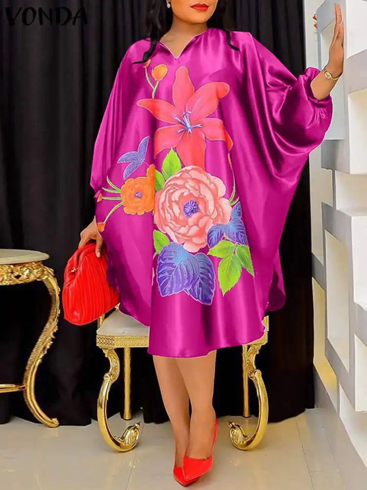 Plus Size 5XL VONDA Women Bohemian Sundress 2024 Autumn Floral Printed Elegant Midi Dress 3/4 Bat Sleeve Casual Loose Retro Robe