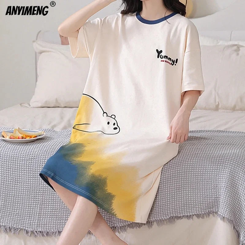 Plus Size Milk Silk Women Nightgowns L-5XL Short Sleeves Sleepshirt Casual Nightdress Cartoon Sleepwear Woman Leisure Lingerie