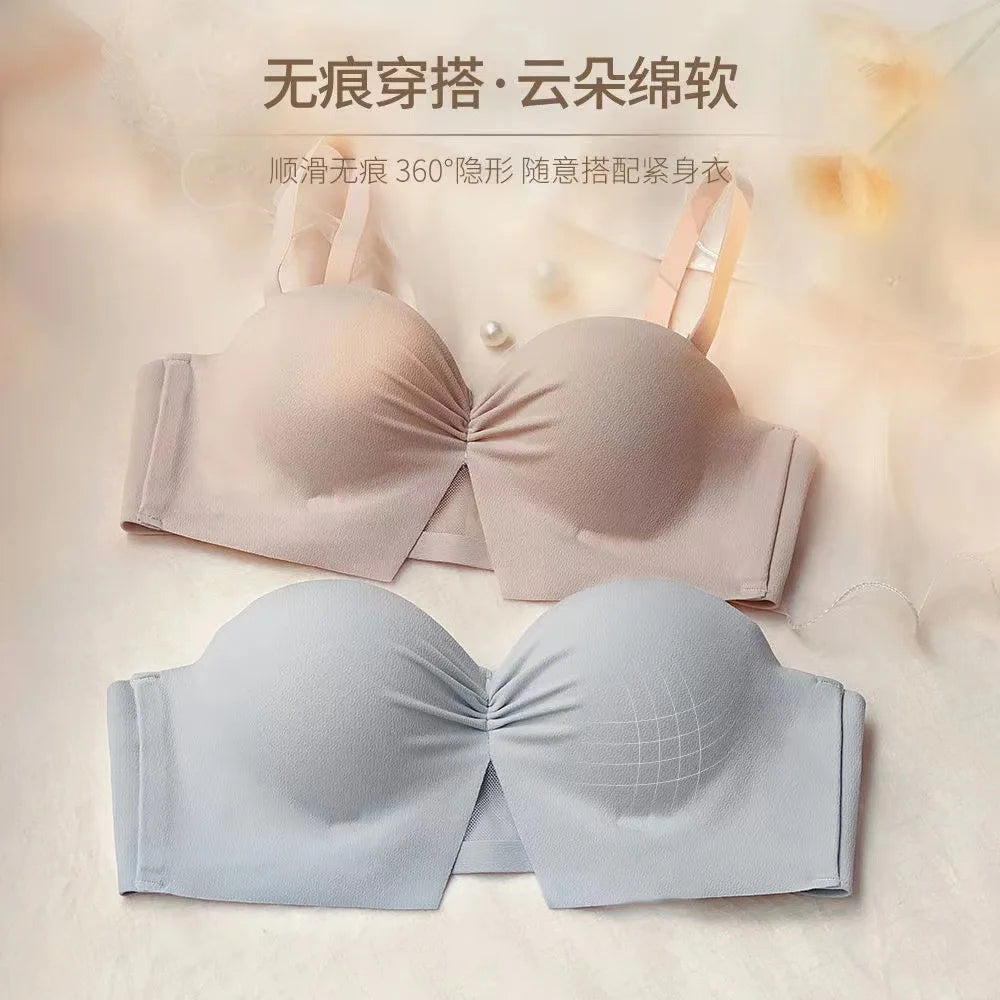 Half Cup girls small bosom gathered underwear no steel ring large AA Cup flat-chested strapless non-slip bra set