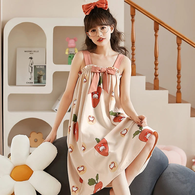 Sweet Cute Nightdress Women Princess Nightgown Lady Summer Sleeveless Sleepwear Female Cotton Nightgowns Loose Home Clothes