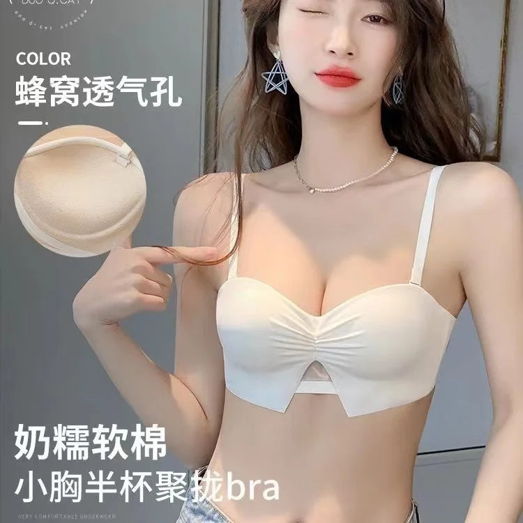 Half Cup girls small bosom gathered underwear no steel ring large AA Cup flat-chested strapless non-slip bra set