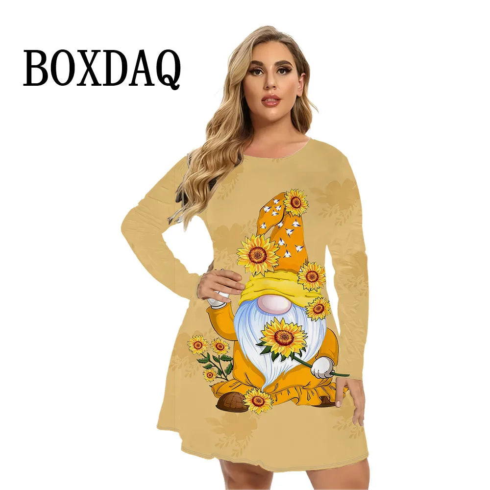 Funny Christmas Print Women Dresses Long Sleeve Casual Sunflowers Loose Plus Size Clothing Fashion Ladies Hip Hop Dress 2024 9XL