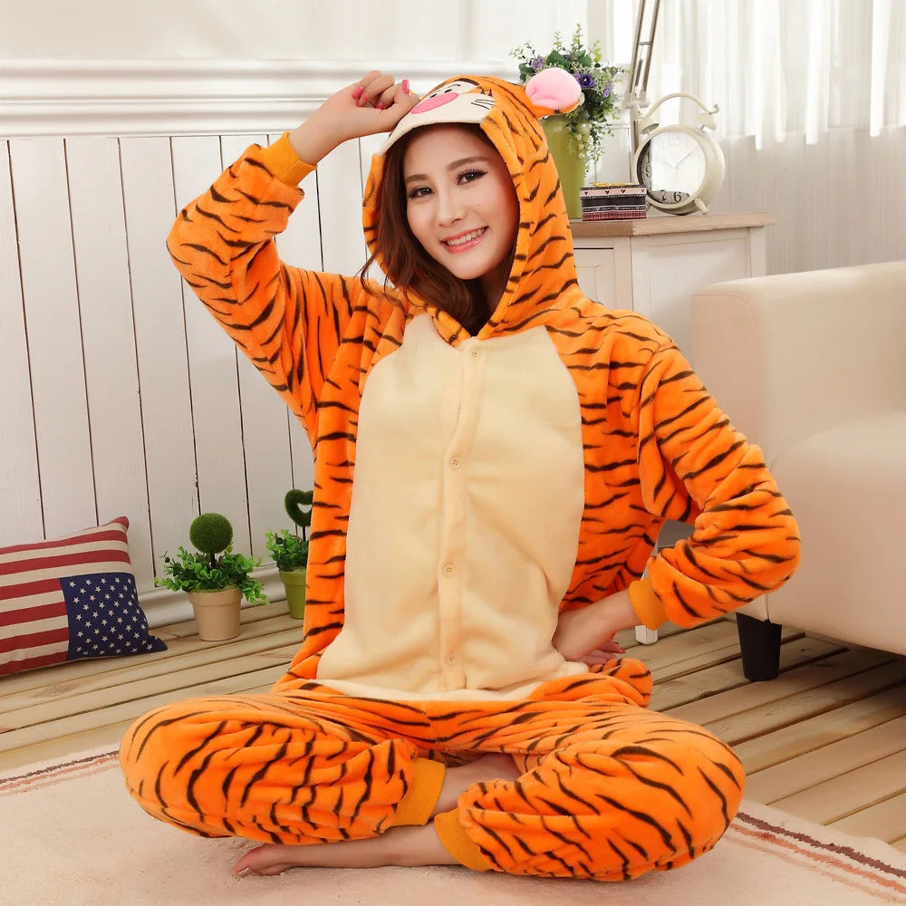 Tiger One-Piece Pajamas Cartoon Animal Onesies Sleepwear Jumpsuit Nightgown Loungewear Kigurumi Nightgown Onesie Flannel Animal