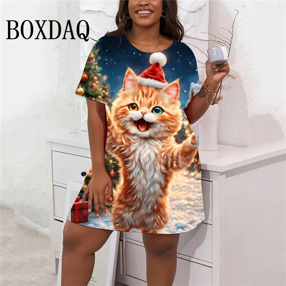 2024 Summer Women Dresses Sweet Cute Cat Print Dress Fashion Streetwear Clothing Casual Short Sleeve Loose Plus Size Dress 9XL