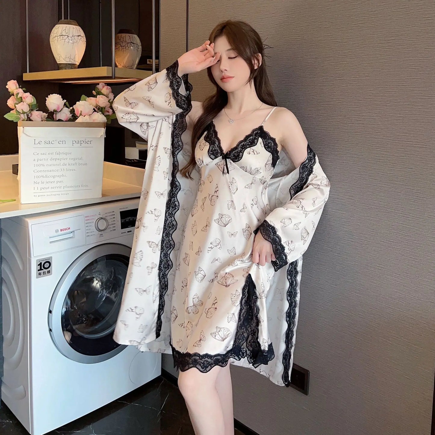 Print Twinset Robe Set Bride Nightgown Women Lace Gown Kimono Nightwear Lingerie Bathrobe Set Rayon Sleepwear Loungewear