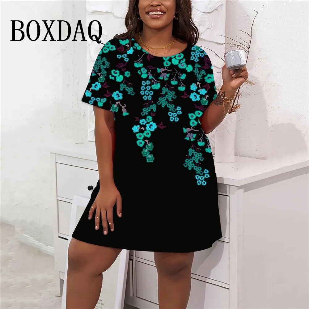 Sundress Casual Short Sleeve Loose Dress Large Sizes Women Flower Print Short A-Line Dress Summer Plus Size Women's Clothing 9XL