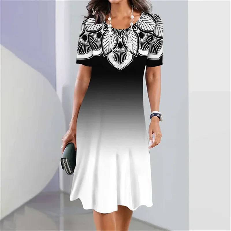 8XL 9XL Plus Size Women Dress Loose Casual Short Sleeve O-Neck Dress 3D Gradient Print Big Size Streetwear Clothing Ladies Dress