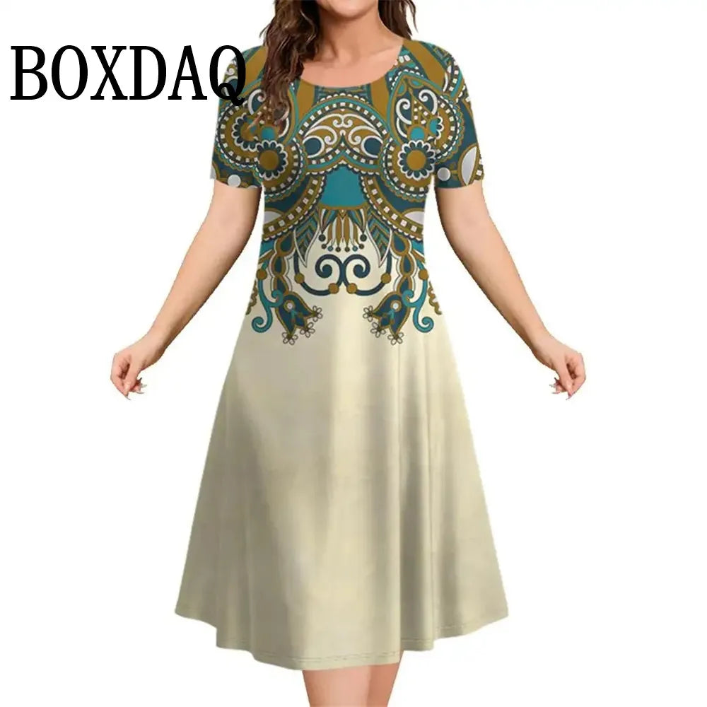 Fashion Elegant Women’S Dresses Loose A-Line Dress Women Short Sleeve Dress Flowers Print Casual Ladies Plus Size Clothing 9XL