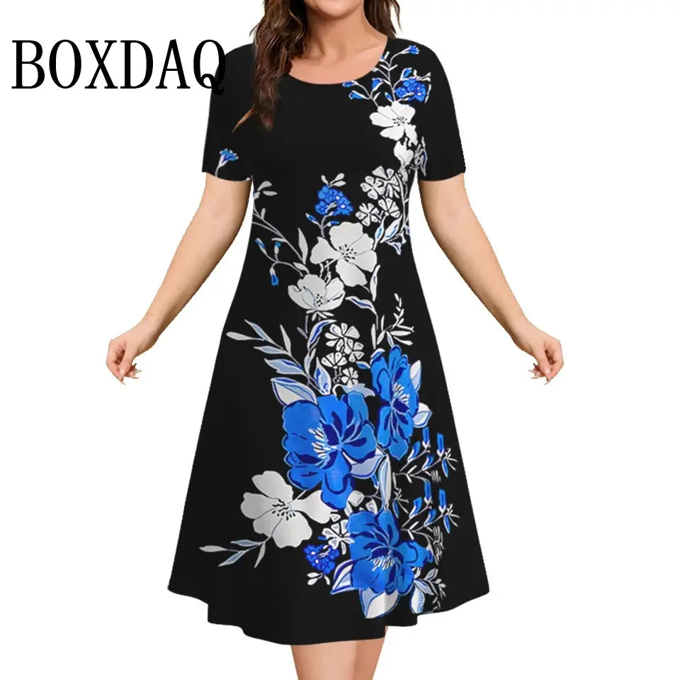 Summer Women'S Dresses 3D Art Flowers Printed Short Sleeve Clothing Elegant Loose A-Line Dress Fashion Lady Plus Size Dress 9XL