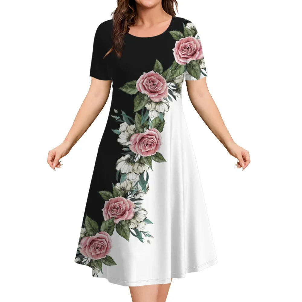 2024 Plus Size Women's Dresses Floral Print Elegant Loose Mini Dress Female Short Sleeve Oversized Clothes Spring Summer Dresses