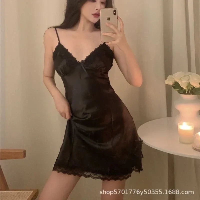 Women Nightdress Ice Slik Satin Lace Strap Sleep Dress Thin Sleepwear Sleeveless V-neck Nightgown 2024 Female Home Clothes