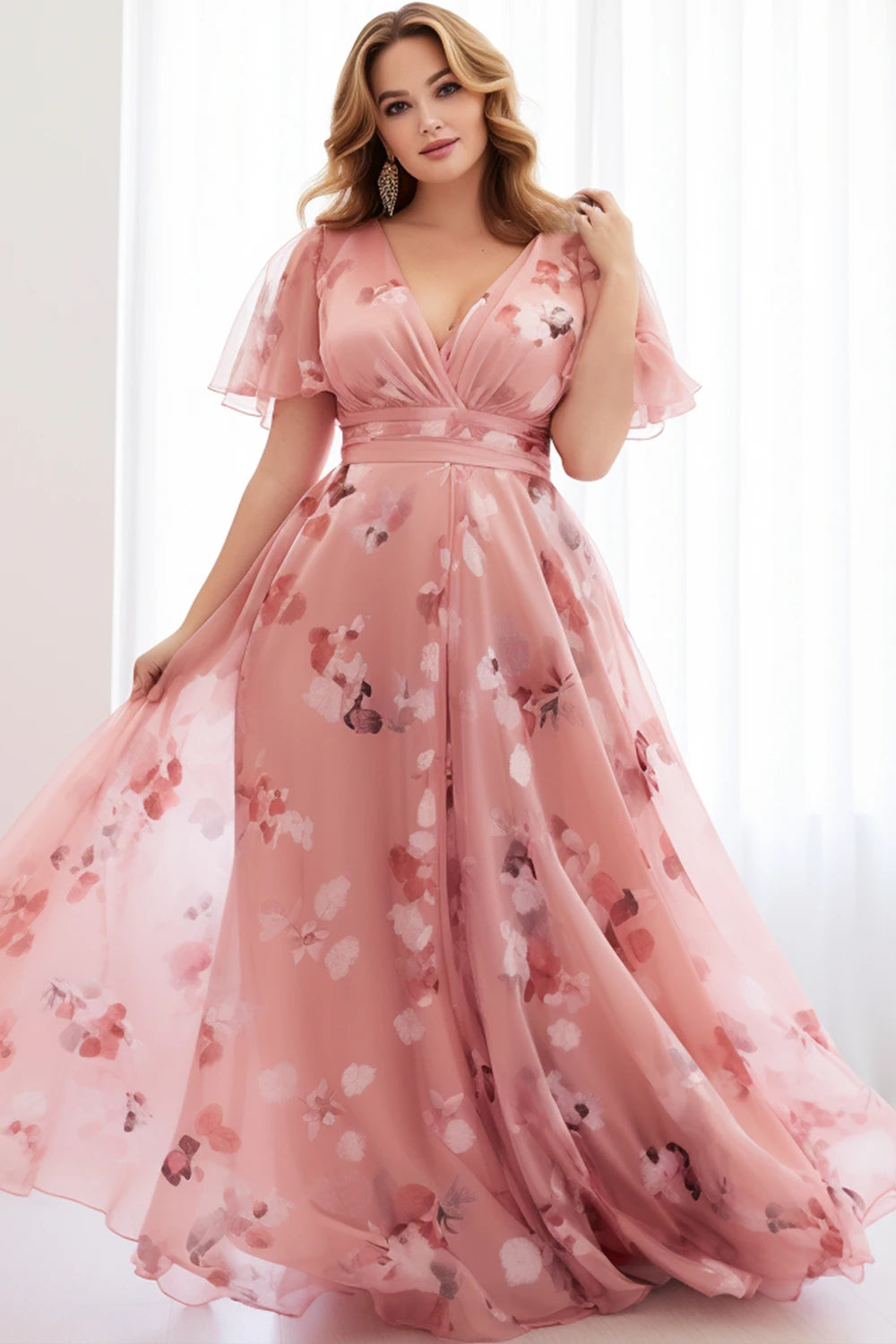 Flycurvy Plus Size Everyday Peach Pink Floral Flutter Sleeve Wrap Empire Waist Chiffon Maxi Dress