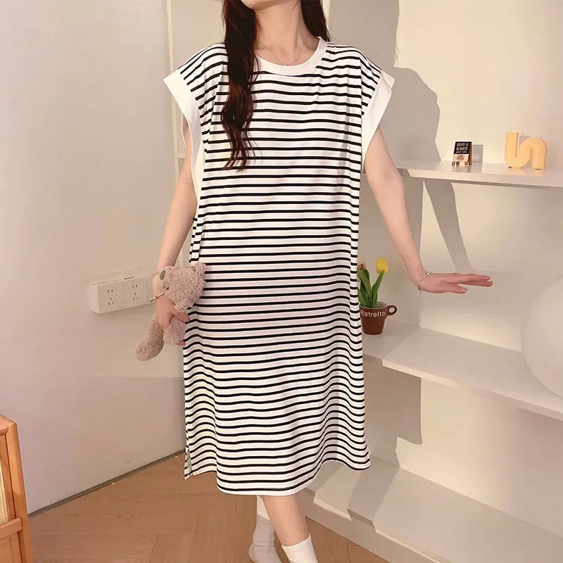 Women Modal Striped Nightgowns With Bra Pad 2024 Summer Sleeveless Sleepwear Female Nightdress Ladies Casual Loose Home Clothes