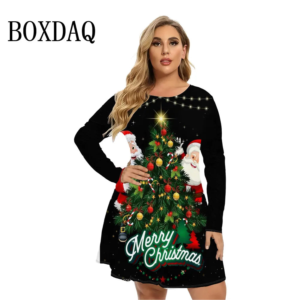 Christmas Tree Party Women Dresses For Winter 2024 Long Sleeve Cartoon Cute Funny Pattern 3D Print Dress 9XL Plus Size Clothing