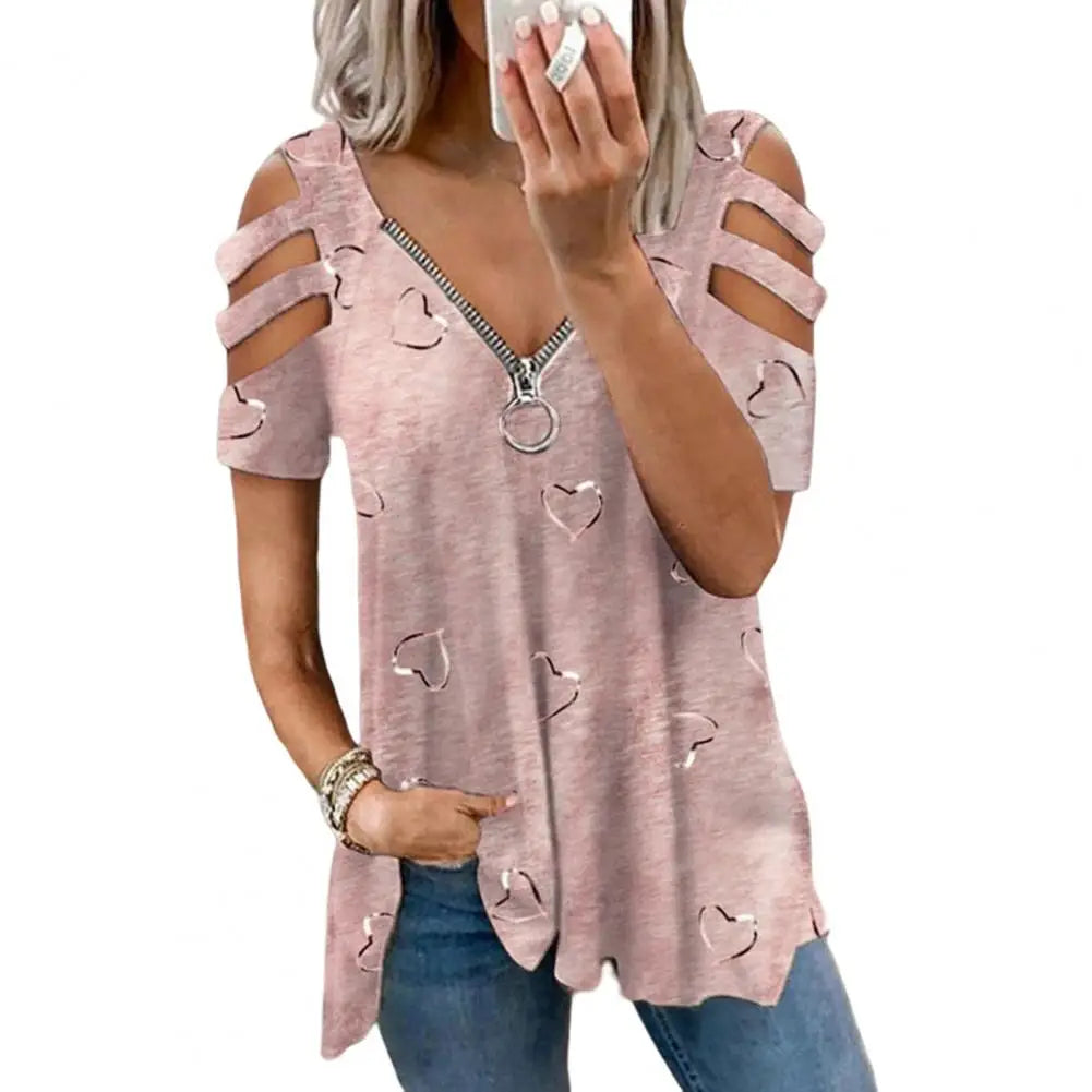 Women Summer Top V Neck Low-cut Hollow Out Short Sleeves T-shirt Match Pants Loose Plus Size Women Blouse Women Clothes