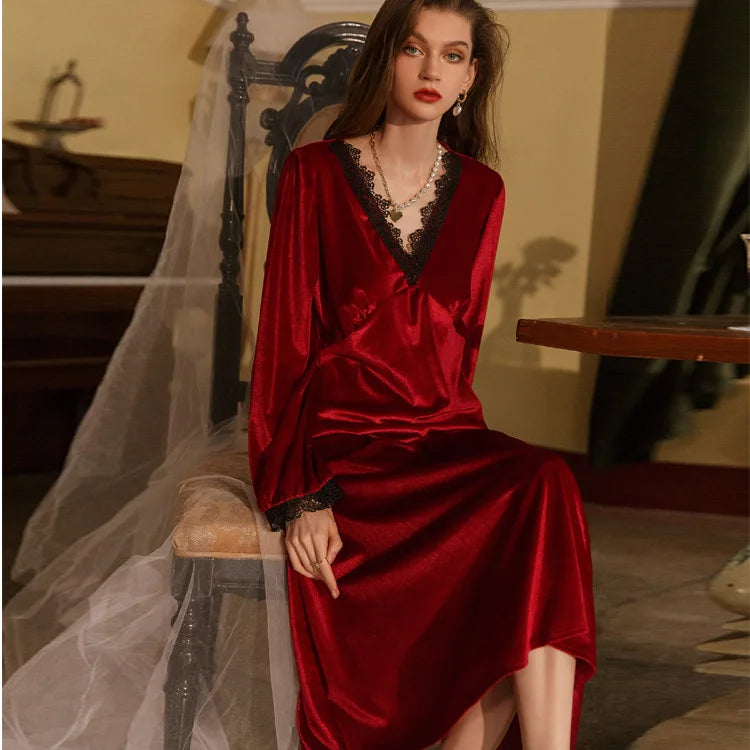 Burgundy Velvet Nightgown Long Sleepwear Warm Homewear Lady Elegant Nightdress Autumn Winter Warmth Home Clothing Nightwear