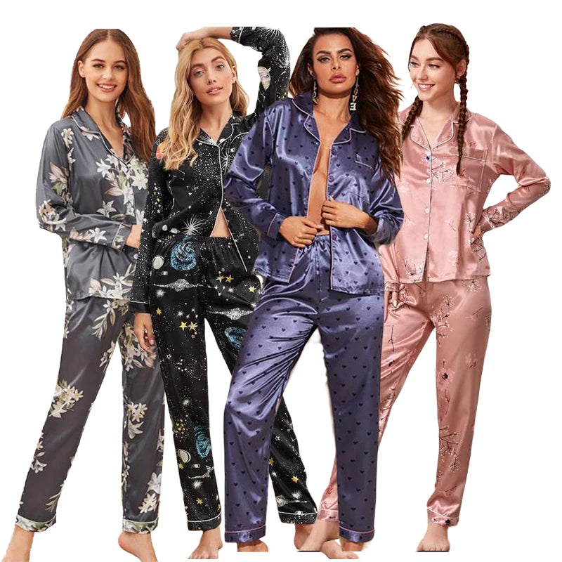 Spring Autumn pajama women Silk Satin pajamas set Long sleeve Shirt with Trouser Sleepwear Loungewear Female Pyjamas Suits Mujer