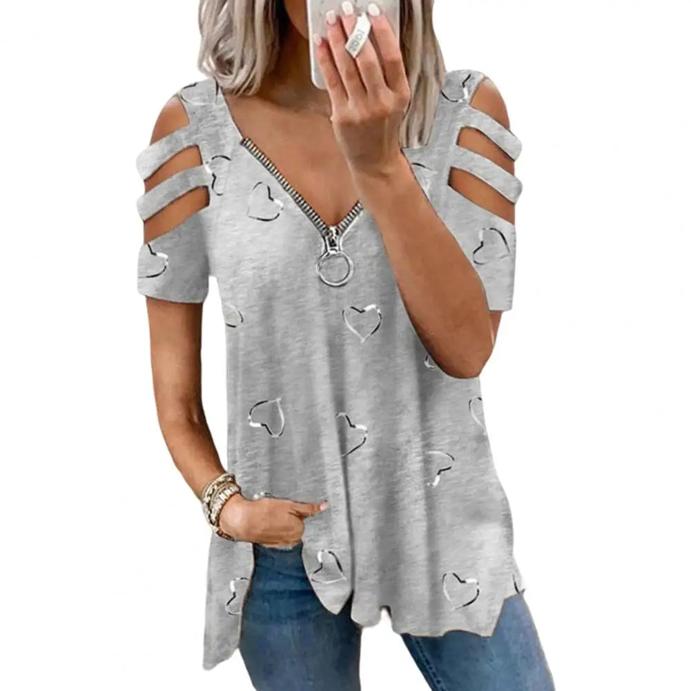 Women Summer Top V Neck Low-cut Hollow Out Short Sleeves T-shirt Match Pants Loose Plus Size Women Blouse Women Clothes