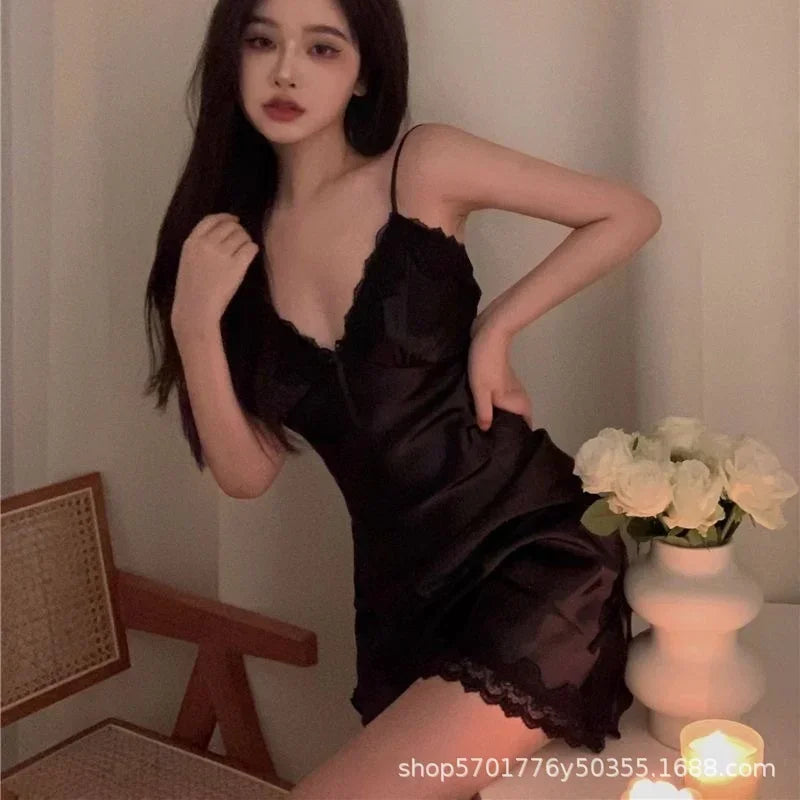 Women Nightdress Ice Slik Satin Lace Strap Sleep Dress Thin Sleepwear Sleeveless V-neck Nightgown 2024 Female Home Clothes