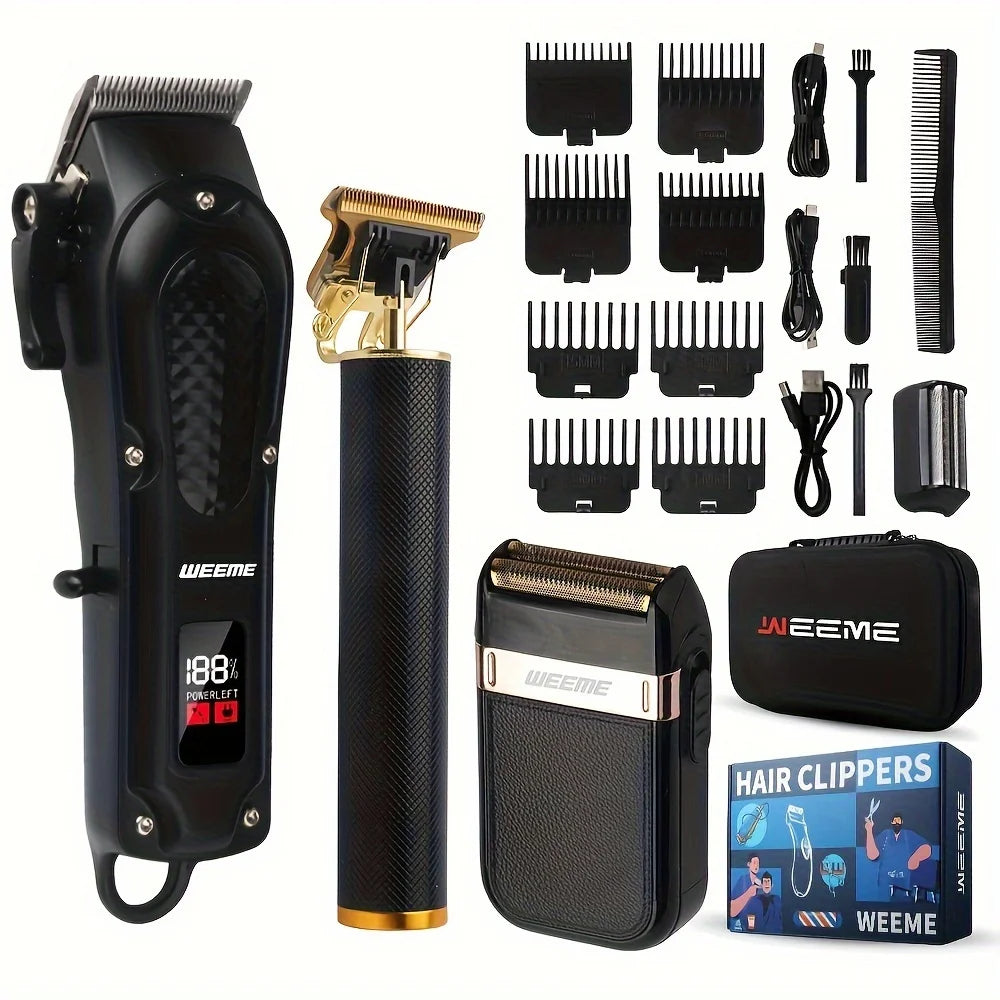 3pc Men's Grooming Kit with LED Display  Cordless Hair Clipper Trimmer Shaver - Rechargeable with Adjustable Blade Gift for Dad