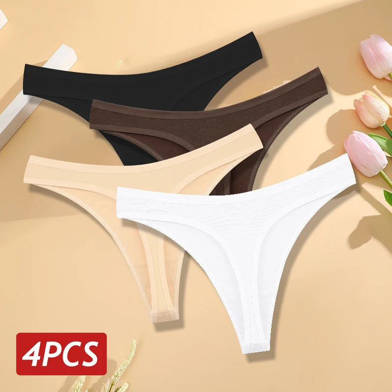 4PCS/Set Women Cotton Panties Seamless Low Rise Thongs V-Waist Solid Color Breathable Underwear Female Soft Lingerie Intimates