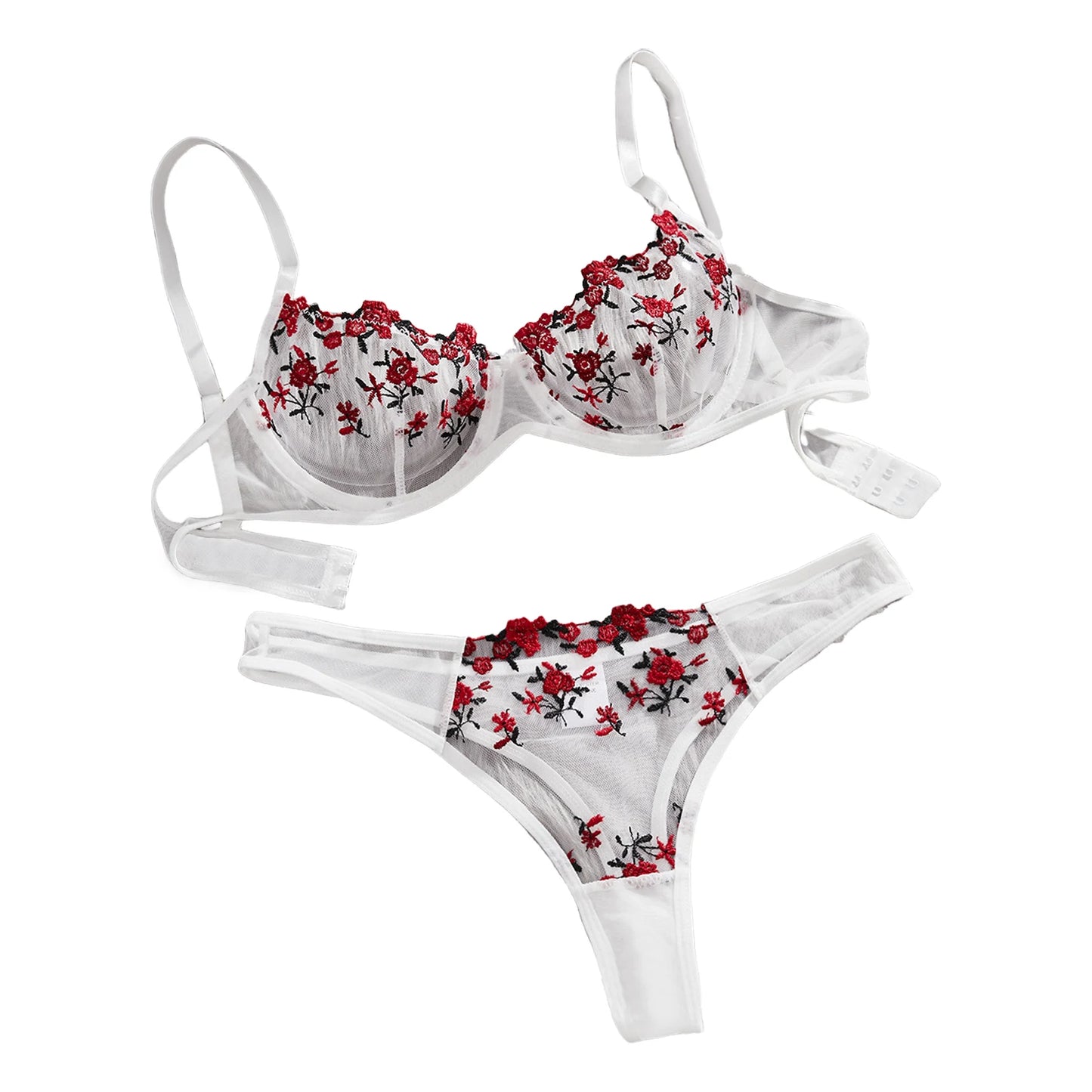 Floral Embroidery Lingerie Set Women Sheer 2-Piece Boho Bra + Panty Underwear Set Intimates