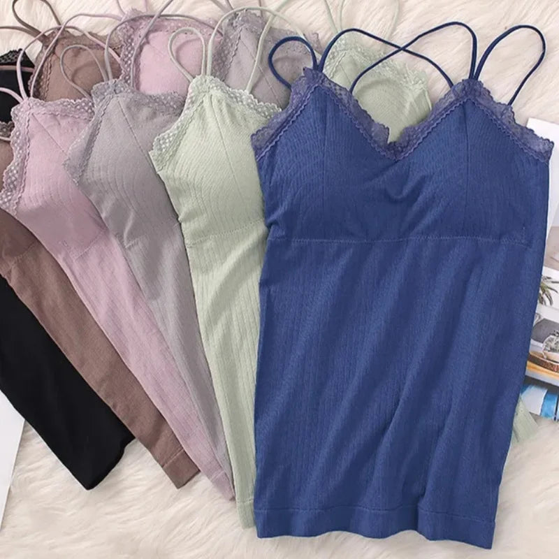 Women Paddwd Tank Top Seamless Underwear Comfort V-neck Cross Strap Bras Summer Lace Beauty Back Camisole Female Vest Tops