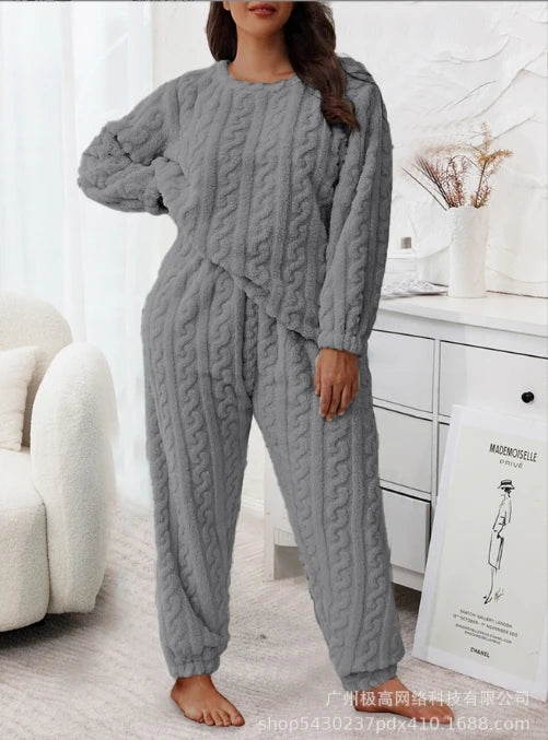 Plus Size Woman Clothing Striped Coral Fleece Long Sleeved Pullover High Waisted Pants Winter Warm Casual Women's Sleepwear Set