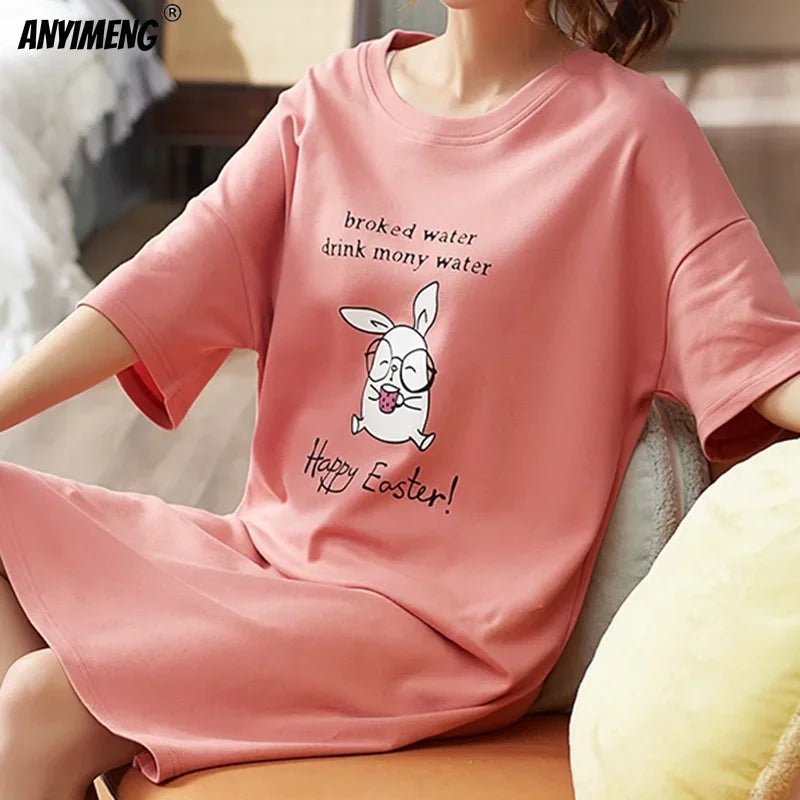 Plus Size Milk Silk Women Nightgowns L-5XL Short Sleeves Sleepshirt Casual Nightdress Cartoon Sleepwear Woman Leisure Lingerie