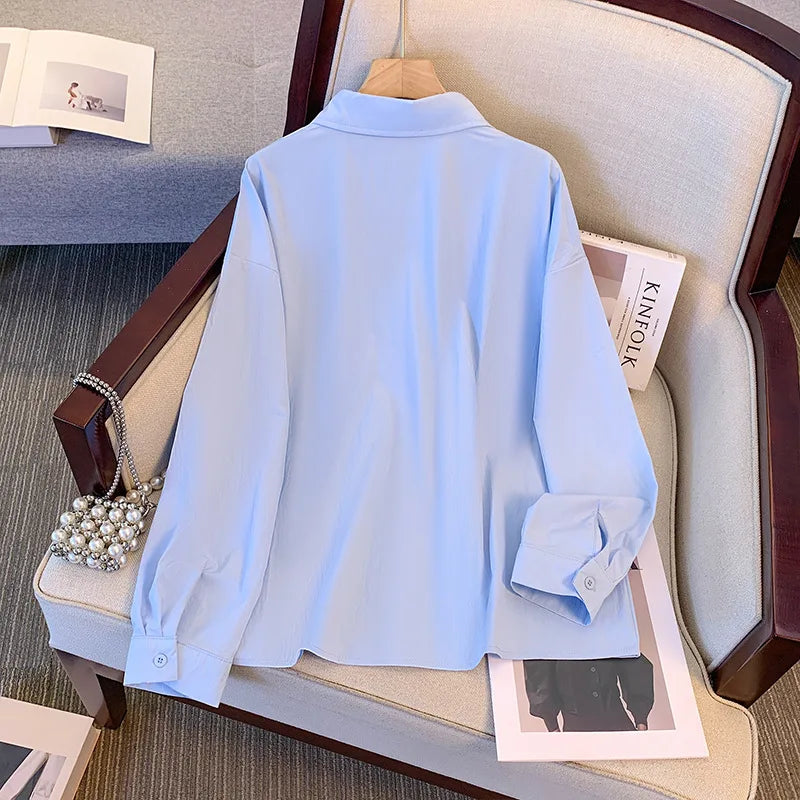 Plus Size 150Kg Women's Bust 162 Spring Summer Long Sleeved Polo Shirt BT Hong Kong Style Slim Top Blue 6XL 7XL 8XL 9XL 10XL