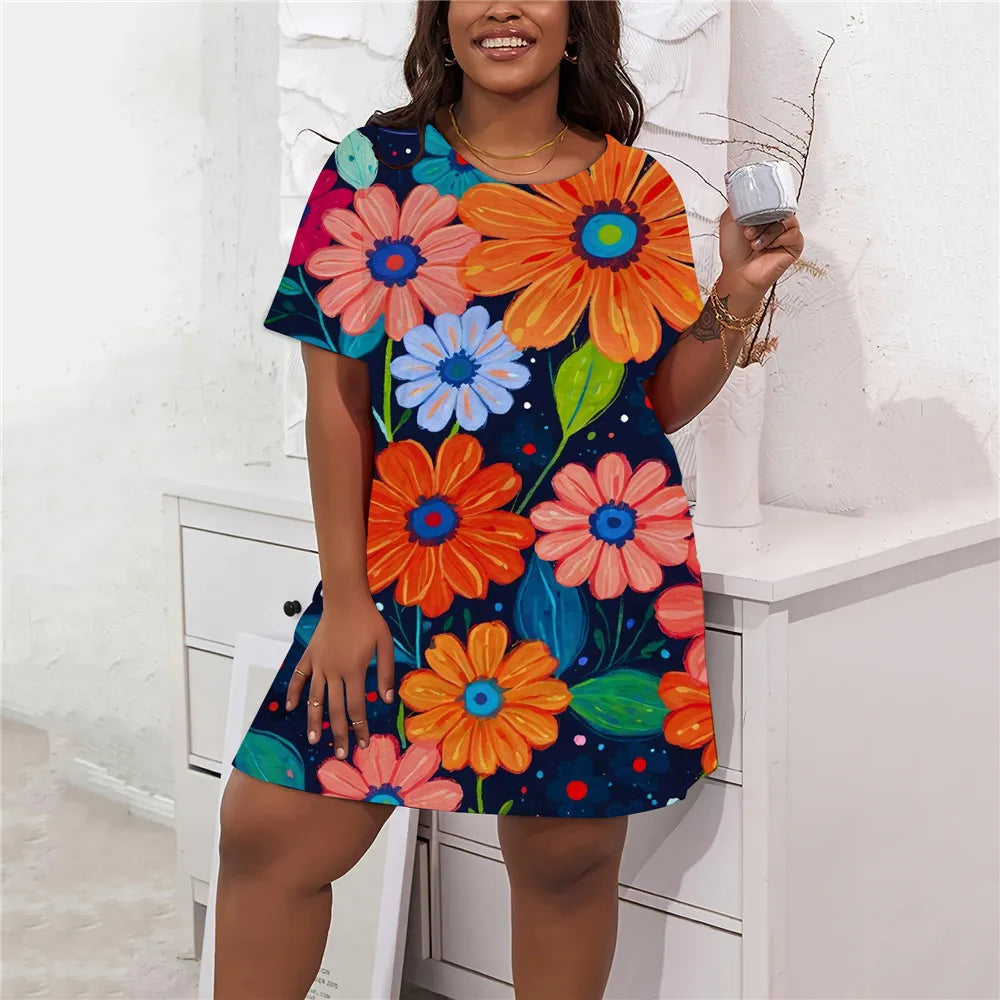 Short Sleeve Women’S Dresses Summer Women Casual Ladies Loose A-Line Dress Fashion Plus Size Clothing 9XL Streetwear Art Painted