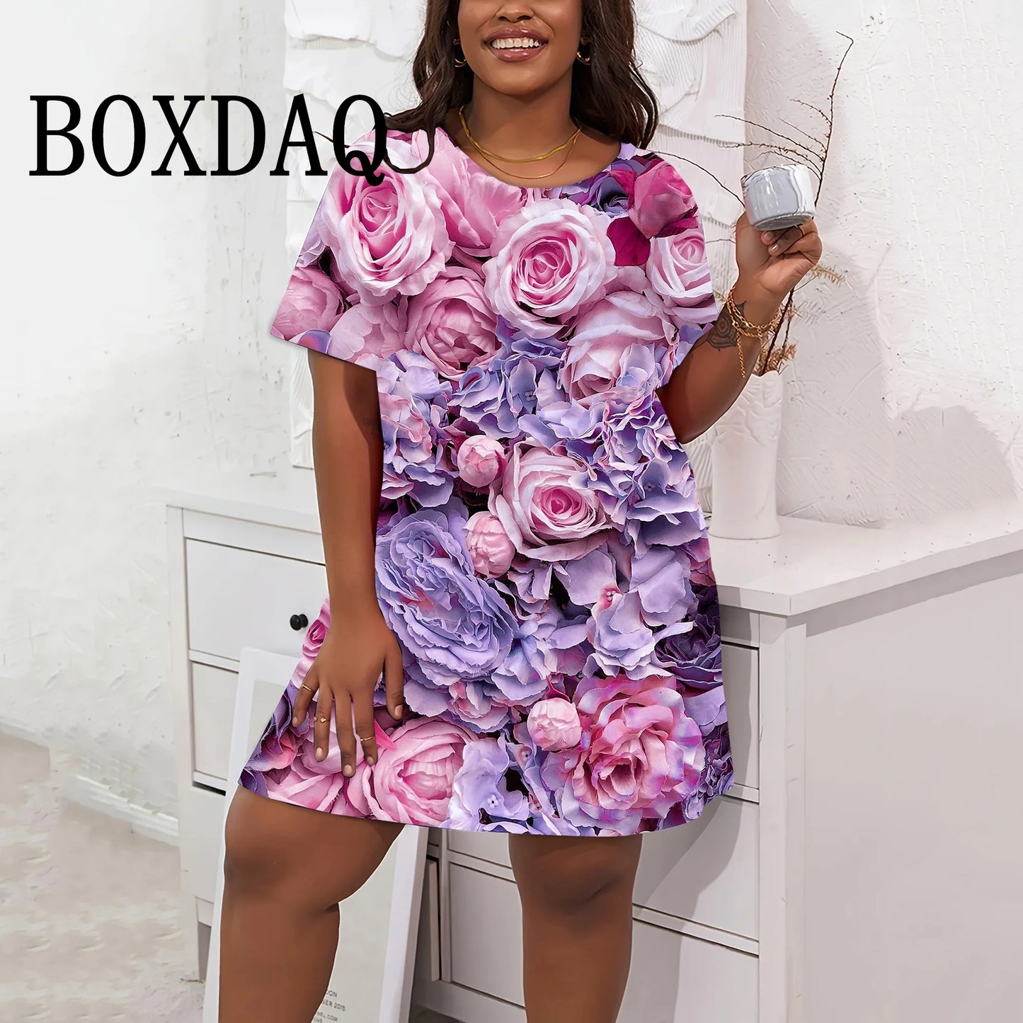 Short Sleeve Woman's Clothing Dresses Rose Flowers 3D Printed Dress Loose Round Neck Plus Size Women Clothing Summer Streetwear