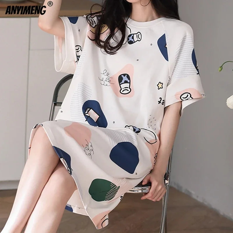 Plus Size Milk Silk Women Nightgowns L-5XL Short Sleeves Sleepshirt Casual Nightdress Cartoon Sleepwear Woman Leisure Lingerie