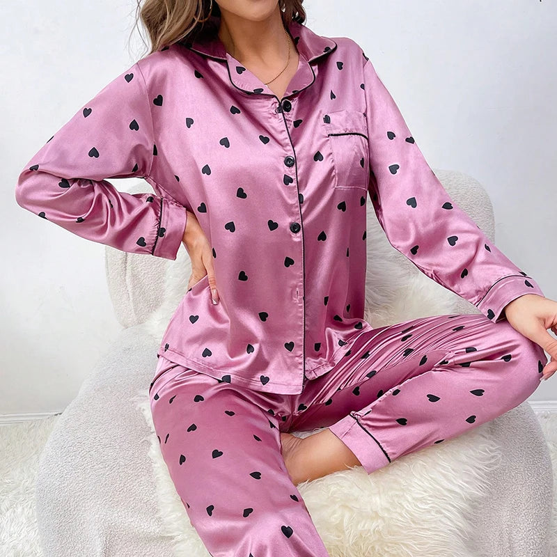 Spring Autumn pajama women Silk Satin pajamas set Long sleeve Shirt with Trouser Sleepwear Loungewear Female Pyjamas Suits Mujer