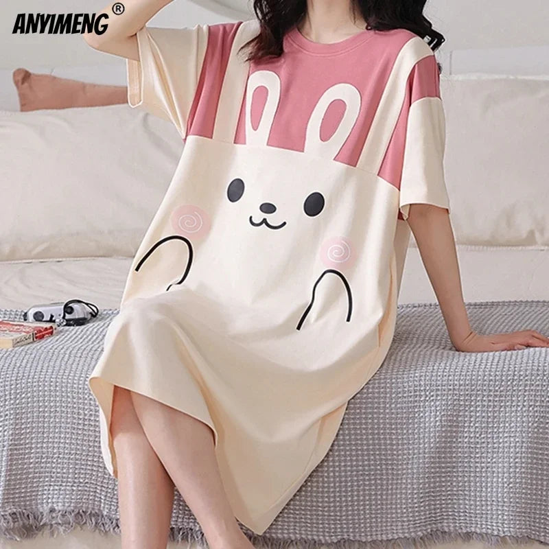 Plus Size Milk Silk Women Nightgowns L-5XL Short Sleeves Sleepshirt Casual Nightdress Cartoon Sleepwear Woman Leisure Lingerie