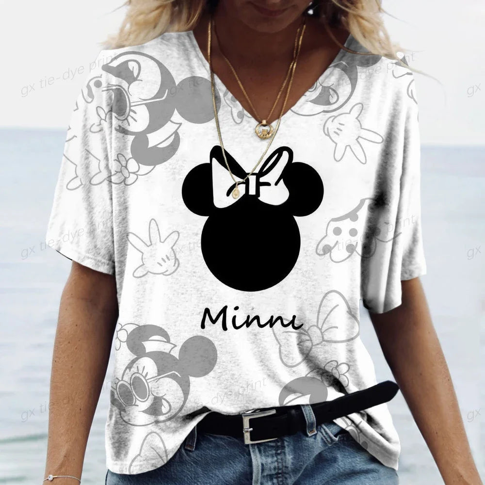 Hot Selling Women's Clothing V-neck Short Sleeved T-shirt Summer Pullover Casual Wear Plus Size T-shirt Mickey Mouse Printed