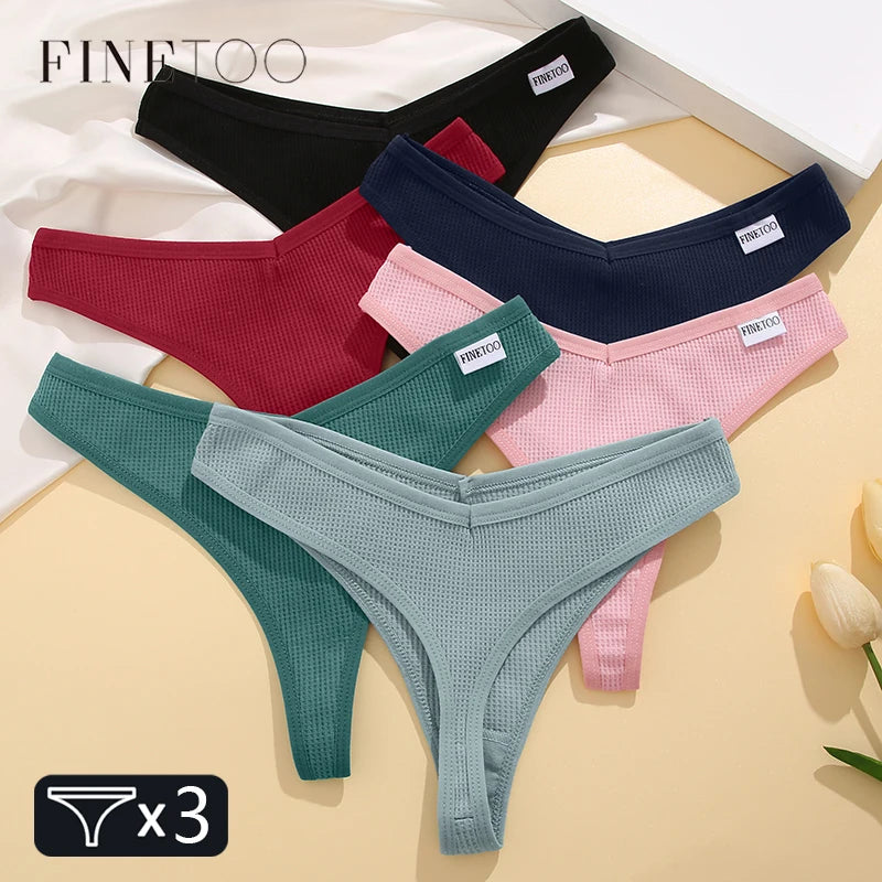 FINETOO Cotton 3Pcs Comfortable Waffle G-string