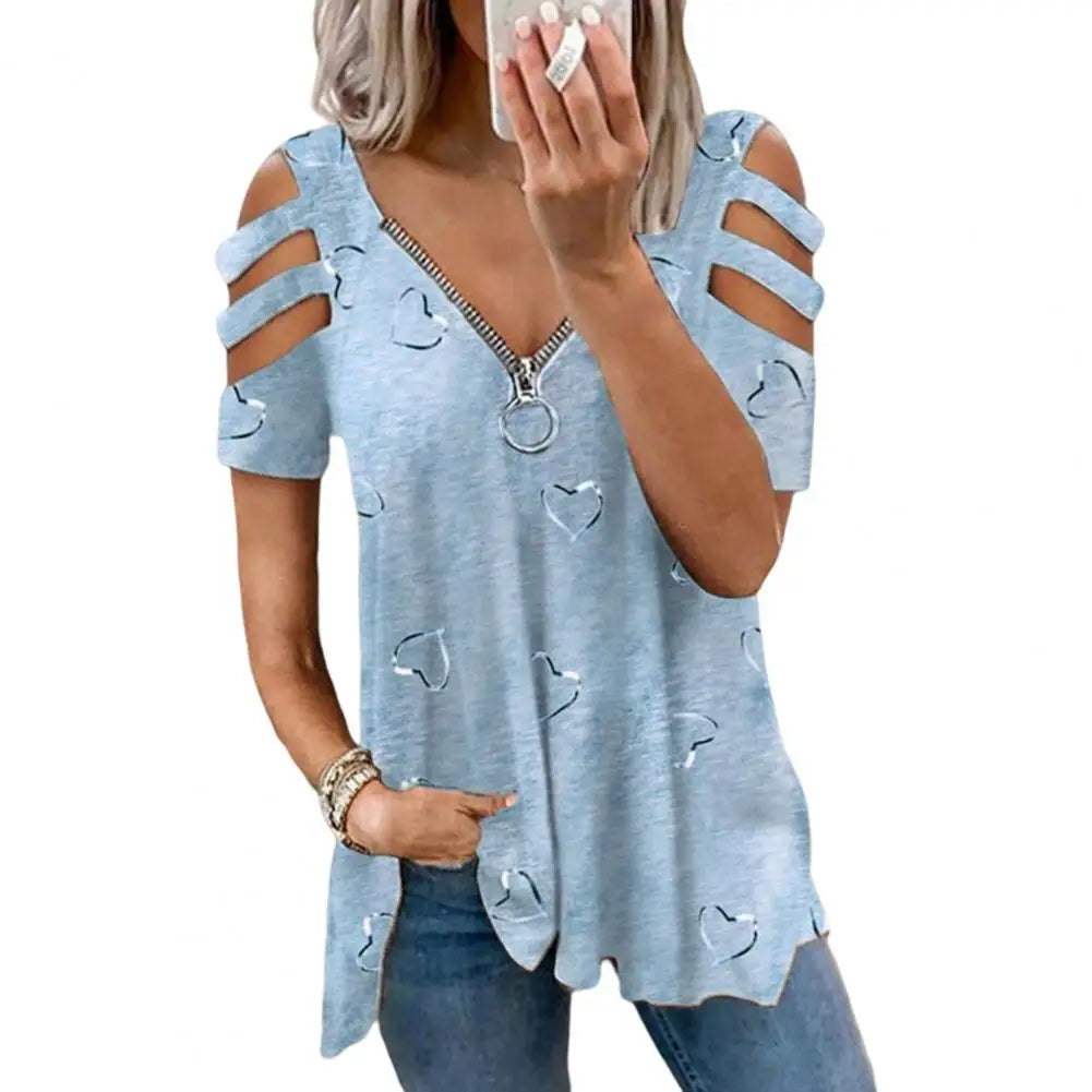 Women Summer Top V Neck Low-cut Hollow Out Short Sleeves T-shirt Match Pants Loose Plus Size Women Blouse Women Clothes