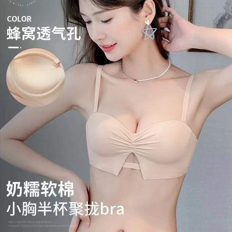 Half Cup girls small bosom gathered underwear no steel ring large AA Cup flat-chested strapless non-slip bra set