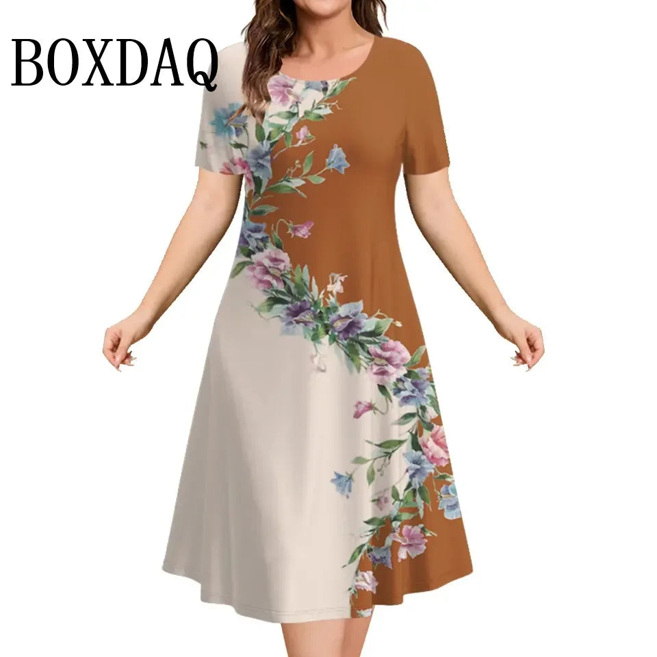 Summer Women'S Dresses 3D Art Flowers Printed Short Sleeve Clothing Elegant Loose A-Line Dress Fashion Lady Plus Size Dress 9XL