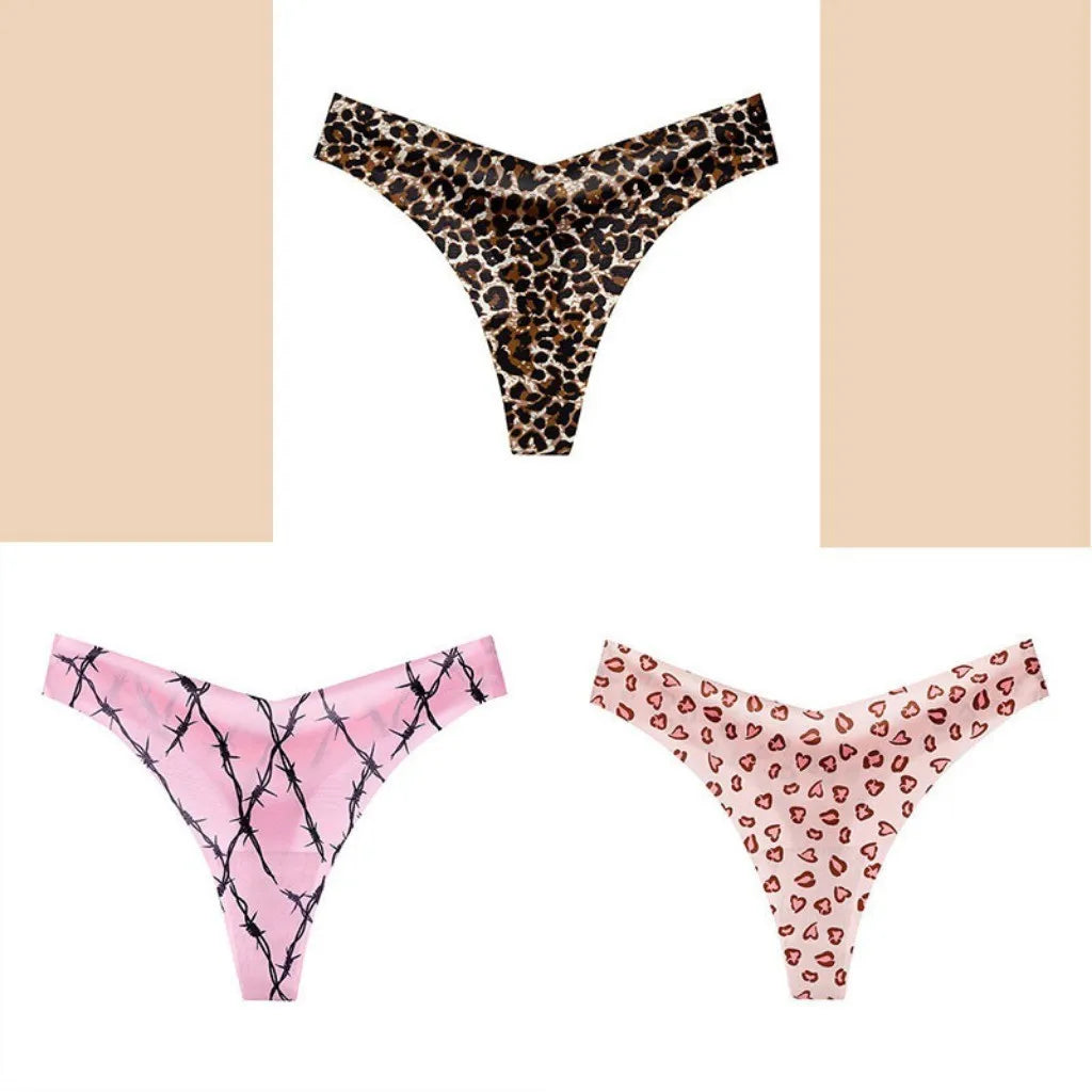 3pcs T Back Panty for Women String Seamless Ice Silk Exy Low Waist Thong Sports Bikini Plus Size Female Print Leopard Underwear