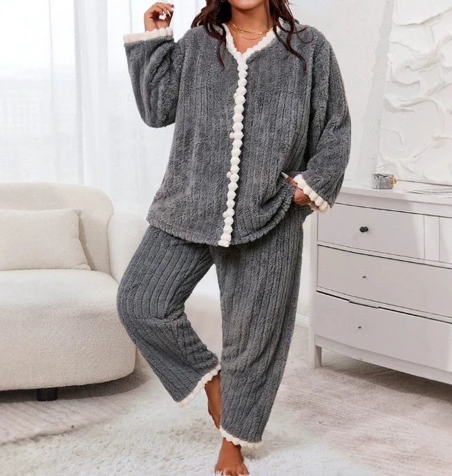 Plus Size Woman Clothing Striped Coral Fleece Long Sleeved Pullover High Waisted Pants Winter Warm Casual Women's Sleepwear Set