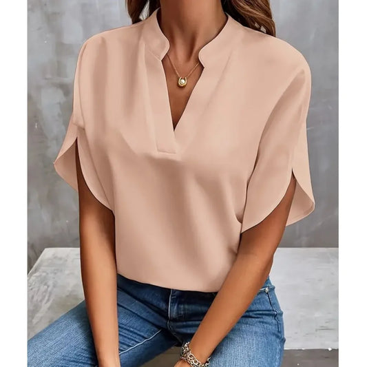 Women's solid color short sleeved top 2024 fashionable summer white casual temperament elegant style V-neck loose top for women