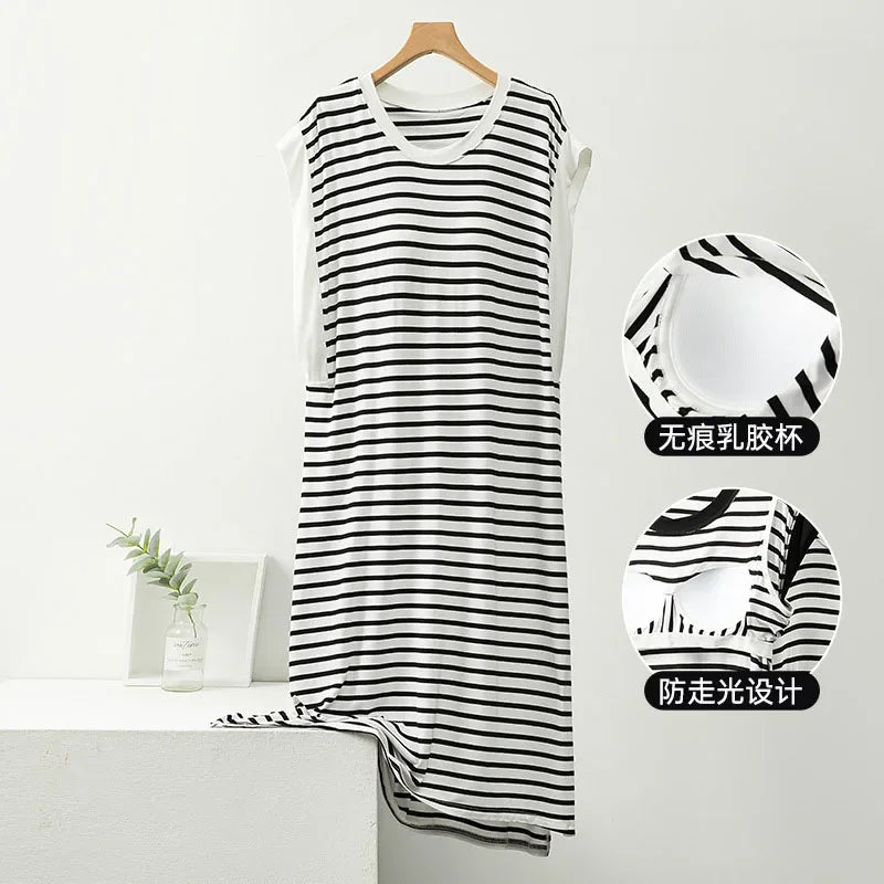 Women Modal Striped Nightgowns With Bra Pad 2024 Summer Sleeveless Sleepwear Female Nightdress Ladies Casual Loose Home Clothes