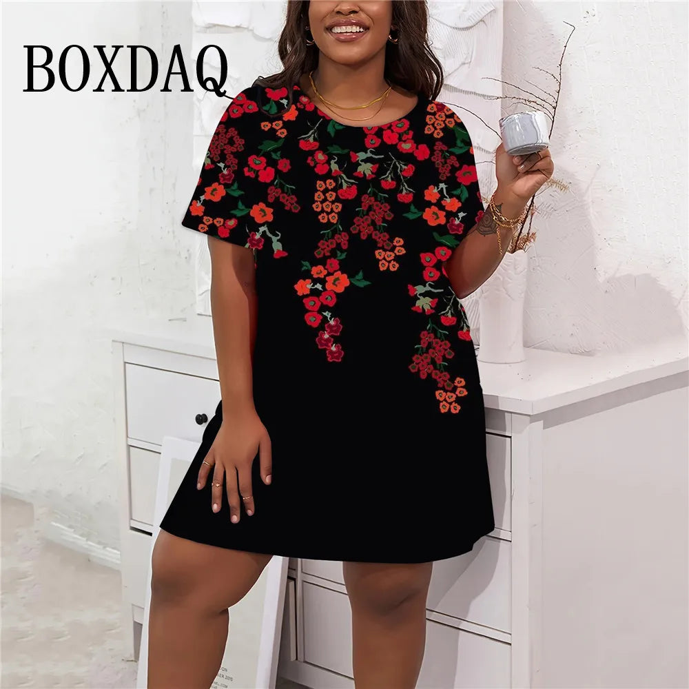 Sundress Casual Short Sleeve Loose Dress Large Sizes Women Flower Print Short A-Line Dress Summer Plus Size Women's Clothing 9XL