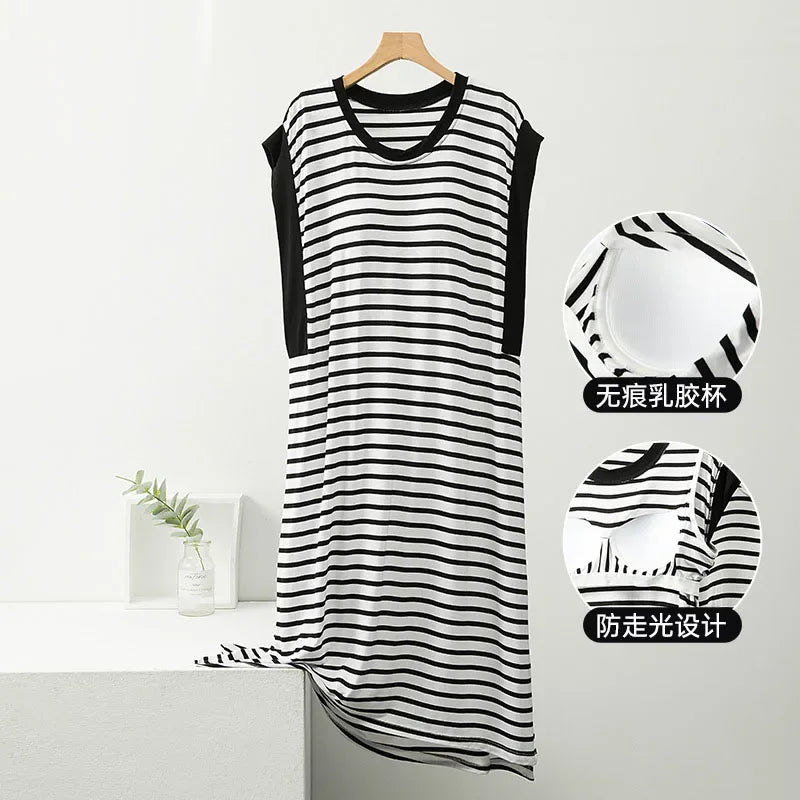 Women Modal Striped Nightgowns With Bra Pad 2024 Summer Sleeveless Sleepwear Female Nightdress Ladies Casual Loose Home Clothes