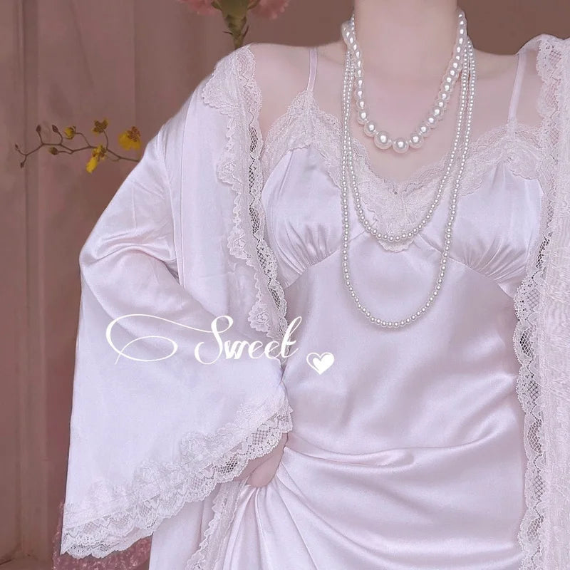 Nighty for Ladies Hot Romantic White Dress Women Silk Nightgown Two Pieces Sleepwear Princess Lace Pajamas Summer Autumn