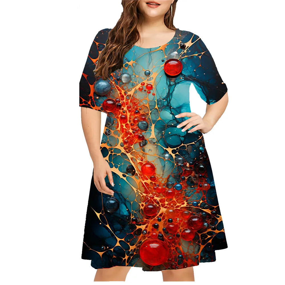 Tie Dye Splash-Ink Print Dresses Women Abstract New Pattern Loose Plus Size Dress Casual Short Sleeve Oversized Clothing 8XL 9XL