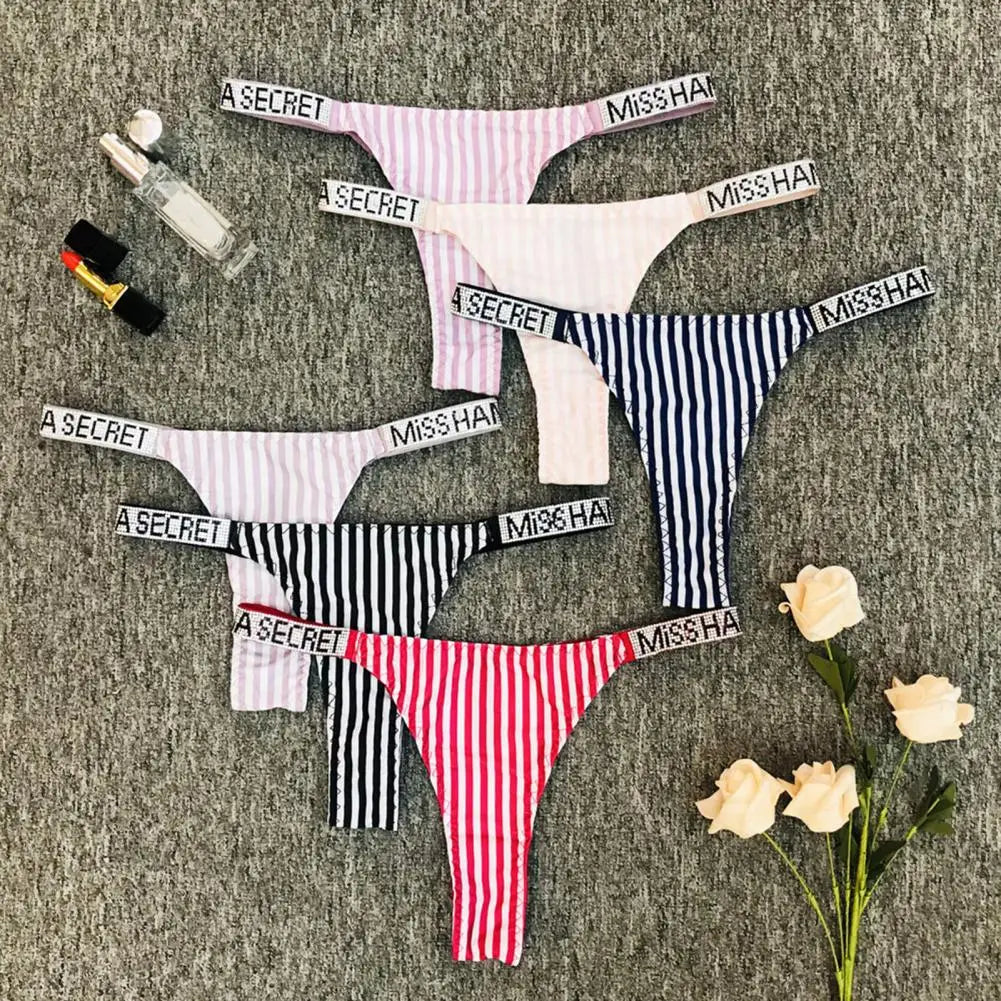 Low-waisted Underwear Rhinestone Letter Decor for Women Low Waist Striped Print Plus Size Butt-lifted Thong Lady G-string