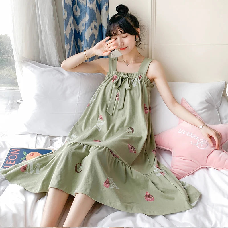 Sweet Cute Nightdress Women Princess Nightgown Lady Summer Sleeveless Sleepwear Female Cotton Nightgowns Loose Home Clothes